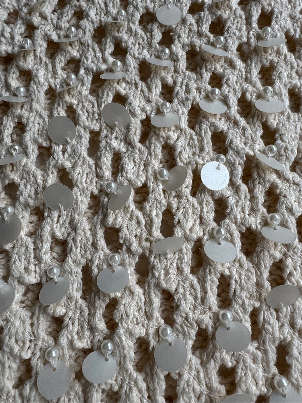 J. Crew Cream Open-Knit Sequin Short Sleeve Sweater with white pearls. - Picture 3 of 4